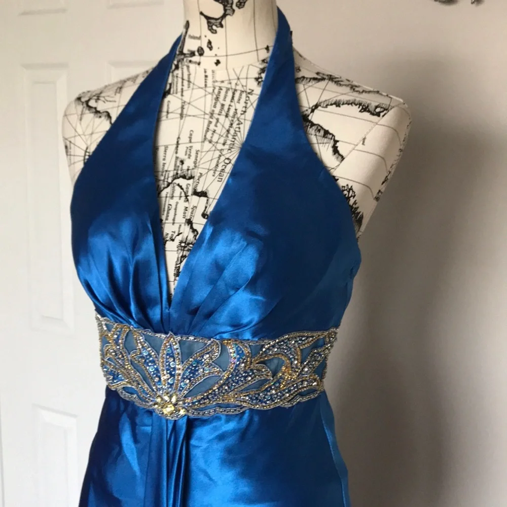 ✈️Satin Train Bead Halter Embellish Mermaid T-strap Flare Gown Wedding colorful - Picture 4 of 8